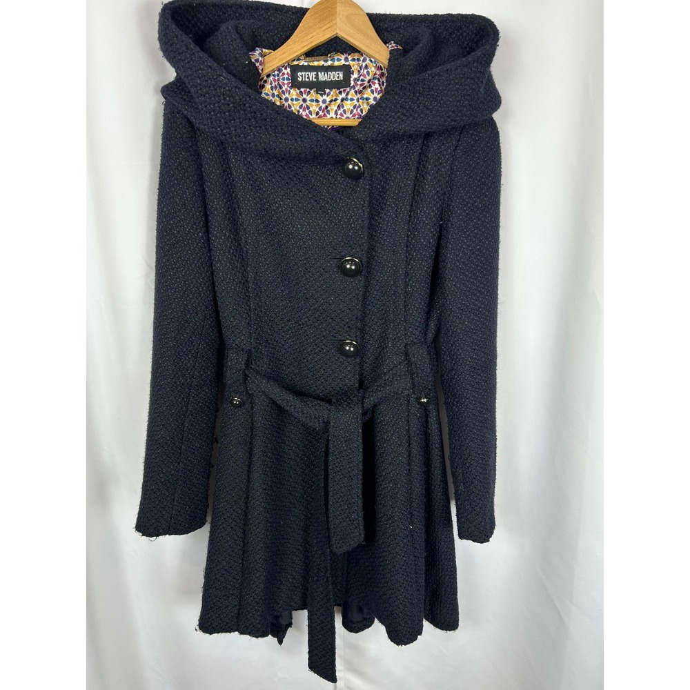 Steve Madden Navy Blue Hooded Wool Blend Belted Fit and Flare Coat Size Medium